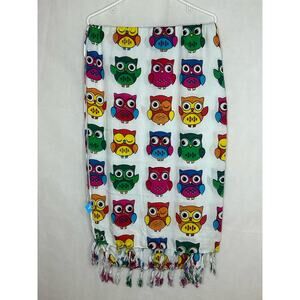 Bali Luv Owl Design Scarf Wrap Cover Up Beach Swimming Vacation Artsy Fringe